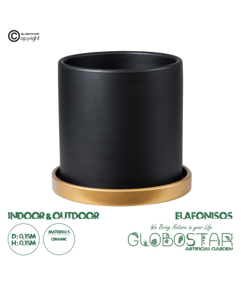 GloboStar® Artificial Garden ELAFONISOS 20446 Πήλινο Κεραμικό Κασπώ Γλάστρα - Flower Pot Μαύρο με Χρυσό Φ15cm x Υ15cm